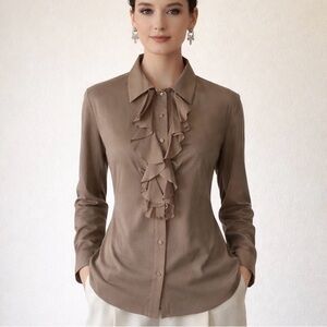 ESCADA Taupe Wool Silk Ruffle Front Button Down Blouse Long Sleeve Shirt Size 10
